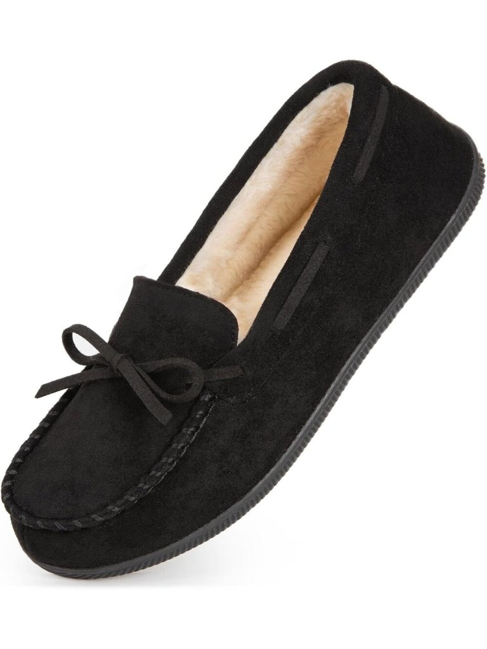 Women's Matt Black Suede Home Top Moccasin Slippers Faux Fur Lined Bow Loafers